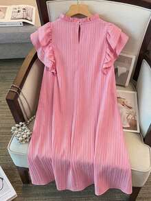 GlowEve CURVE Plus Size Women's Ruffled Collar Pearl Beaded Double-Layer Cap Sleeve Loose Dress, Textured Elegant Sweet Dress For Spring/Summer - Dusty Pink - View 2