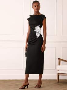 Lilora Women's Elegant Summer High-End Sequin Embellished Dress,Black Floral Dining Cocktail Party Formal Wedding Graduation For Woman - Black - View 4