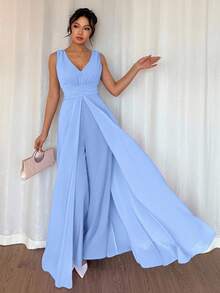 Rafferiza Elegant V-Neck Ruched Waist Pearl Chiffon Wide Leg Jumpsuit, Suitable For Wedding Guest Dresses, Purple, Graceful Ladies Jumpsuit Light Blue Jumpsuit Elegant Jumpsuit Summer Jumpsuit - Baby Blue - View 6