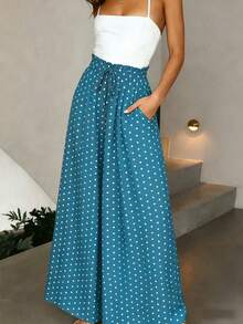 Pariaura Pantaloni ampi eleganti e retrò a pois color caramello per le donne - Outfit estivo da ufficio rilassato ed elegante | Design in vita alta con laccetto per una vestibilità perfetta | Tessuto in chiffon con drappeggio che emana eleganza casual - Blu - Visualizzare 3