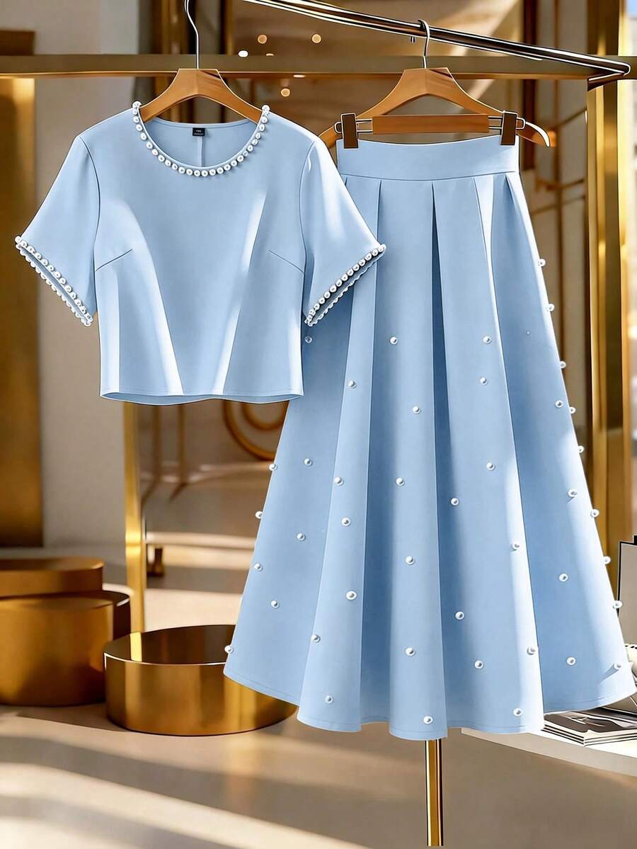 GlowEve CURVE Plus Size Women Pearl Decor Short Sleeve Top And Mini Skirt Elegant 2-Piece Set - Blue - View 1