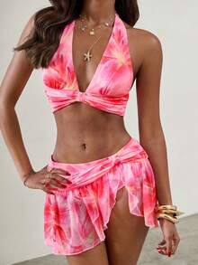 SHEIN ICON 2pcs Summer Women's Festival Beach Party Elegant Going Out Sxy Hot Pink Vacation Beach Floral Print Backless Crop Top And Mini Skirt 2-Piece Set - Multicolor - View 7