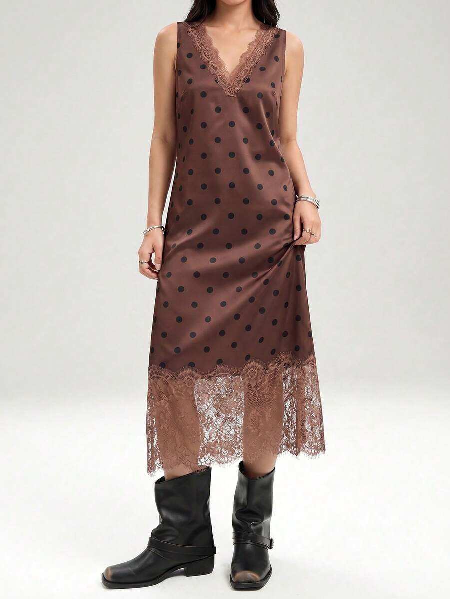 LYSMO Plus Size Black Lace V-Neck Loose Satin Dress - Brown - View 1