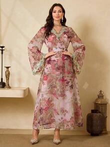 Al Najma Women's Floral V-Neck Flare Sleeve Elegant Arabic Style Dress - Watermelon Pink - View 2