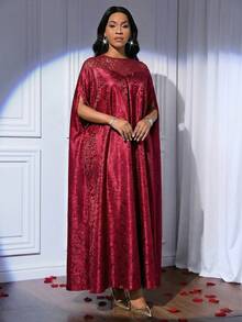 SHEIN Lady Women's Solid Color Round Neck Cape Sleeve Dress - Burgundy - View 7
