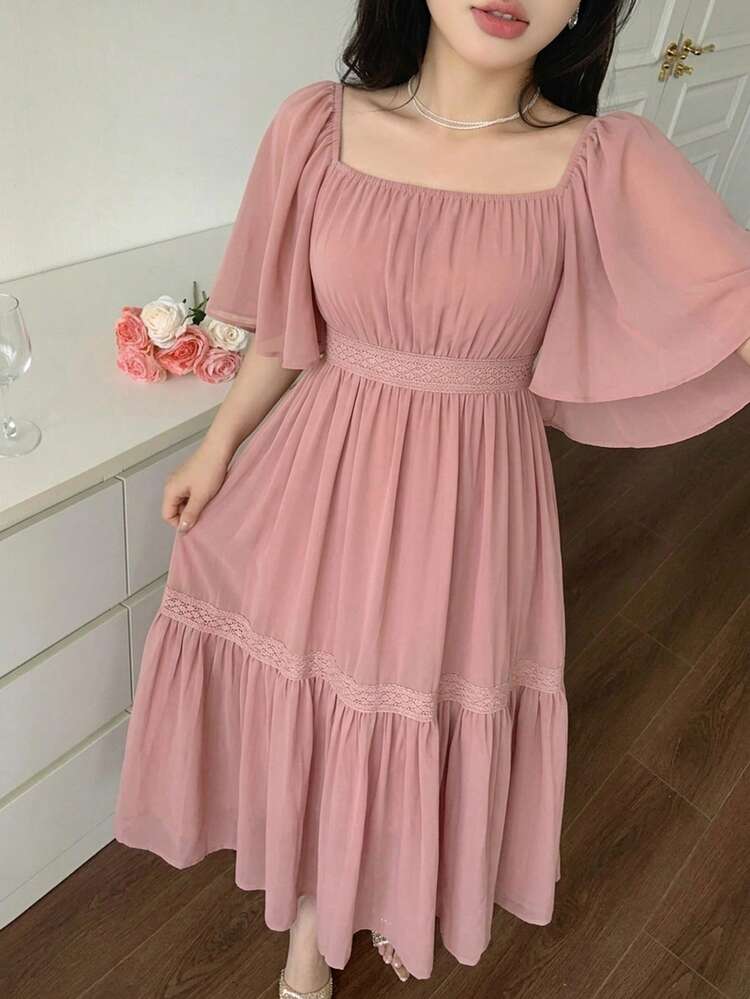 Contrast Color Lace Full Floral Print Mid-Length Dress For Women Sun Dresses For Women Vacation Outfits Women