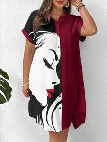 SHEIN LUNE Collared Portrait Red Lip Side Face Button Accent Short Sleeve Plus Size Dress - Multicolor - View 3