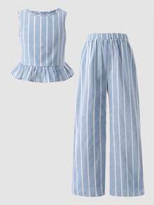 SHEIN 少女休闲荷叶边无袖T恤套装 - 藍色 - 查看 2