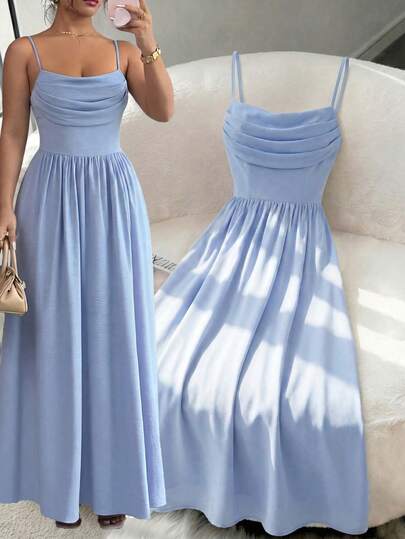 Elenzga Plus Size Women's Spring/Summer New Arrival Elegant Romantic Flowy Dress, Light Blue Spaghetti Strap Dress With Ruffled Neckline, Cinched Waist And Flared Skirt. Suitable For Beach Vacation, Garden Date, Travel Photography, Bridesmaid
