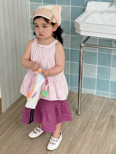 DAZY Conjunto de blusa holgada de cuello redondo sin mangas con estampado floral de estilo coreano dulce para niñas pequeñas, primavera/verano