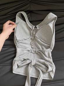 Franclia Plus Size Women Casual Sexy Backless Rhinestone Chain Tie-Up Halter Solid Color Top (With Bra Cup) - Light Grey - View 3