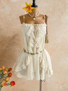 Soleia New Ruffled Asymmetrical Hem Drawstring Metal Decor Mini Dress, Suitable For Wedding, Date, Afternoon Tea, Vacation, Music Festival, Bohemian - Light Yellow - View 6