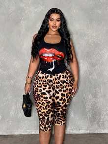 Slaydiva Primăvară/Vară Noutate Completă Casual Vacanță Croazieră Călătorie Plajă Bronzare Viral Streetwear Femei Mărime Plus 2 buc Set Spaghete Bretele Maiou cu Imprimeu Leopard și Pantaloni Capri Leopard Set Pantaloni Capri Set - Negru - Vizualizare 2