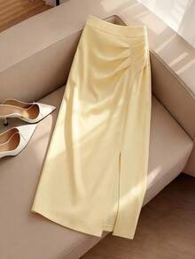 GlowEve Women's Elegant Solid Color Pleated Split Hem Skirt, Summer - Yellow - View 4