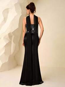 Coutiva Women's Beaded Satin Bandeau Formal Evening Gown (Heavily Embellished) - Black - View 3