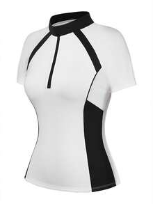Easithlete Easithlete Contrast Color Patchwork Short Sleeve Fitted Equestrian Outfit - White - View 9