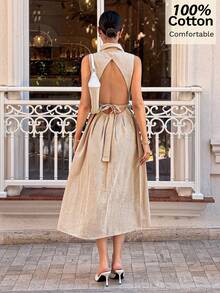 Siren Gaze Đầm hở lưng, thắt eo, 100% cotton dành cho nữ, thích hợp cho mùa xuân/hè. - Màu be - Xem 2