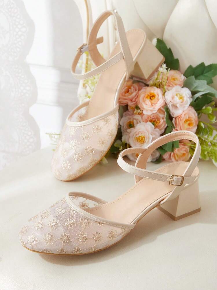 CUCCOO HITCHD Ladies Round Head Fashion Simple Mesh Shiny Beads Casual Mary Jane Saddle Strap High Heel Bough Heel Sandals