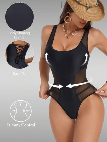 Shapewave 2026 Spring/Summer New Black Solid Color Mesh Patchwork Slimming Seam Design One-Piece Swimsuit For Women, Detachable Strap, Fashionable Slimming, Cute & Elegant, Sexy & Casual, Suitable For Beach, Party, Music Festival, Night Club