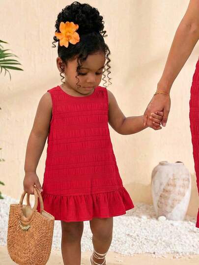 SHEIN 女婴度假休闲时尚纯色无袖连衣裙