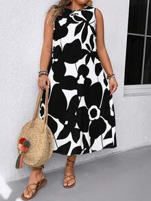 EMERY ROSE Plus Size Round Neck Sleeveless Contrast Color All-Over Print Loose Casual Summer Dress - Black and White - View 1