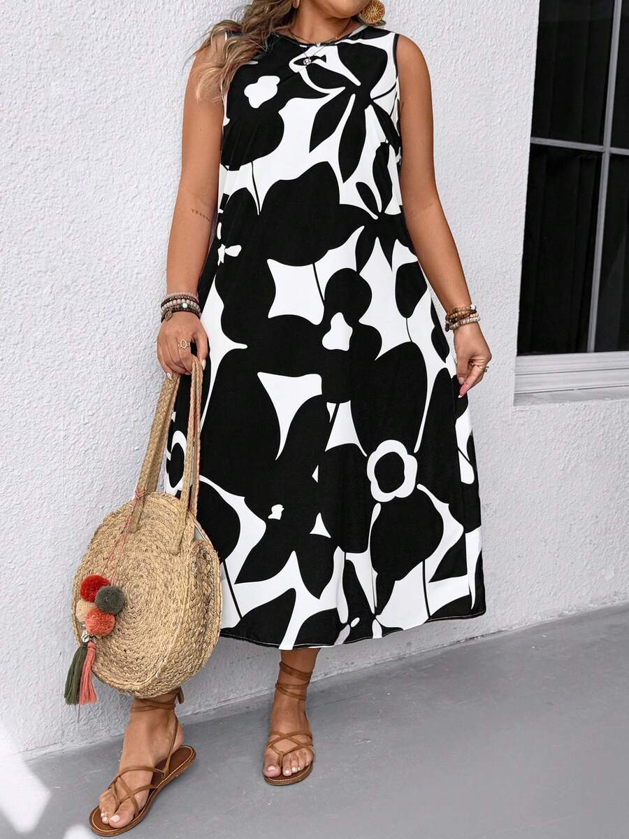 EMERY ROSE Plus Size Round Neck Sleeveless Contrast Color All-Over Print Loose Casual Summer Dress - Black and White - View 1
