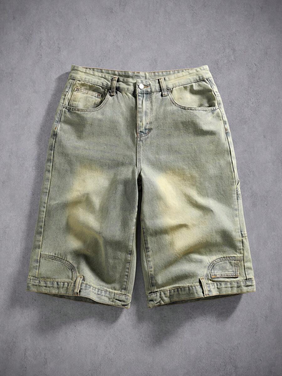 Manfinity Denimwave Men's Solid Color Retro Casual Versatile Patchwork Denim Wide Leg Shorts - Light Wash - View 1