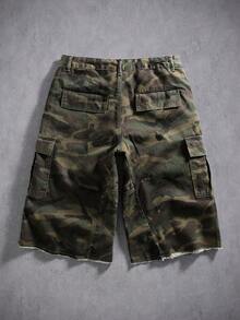 Manfinity Denimwave Quần short denim nam dáng rộng nhiều túi, họa tiết rằn ri, quần short cargo rằn ri nam, quần short rộng thùng thình rằn ri. - xanh quân đội - Xem 2