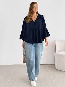 Shapeblank Plus-Size Women's Navy Blue Summer Elegant Everyday Work Casual Loose Comfortable V-Neck Ruffled Blouse, Fashion Top,Summer Outfits - Navy Blue - View 5