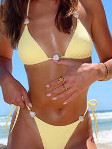 Swim Mod 2026 Spring/Summer Halter Neck Tie-Up Two Pieces Bikini Swimsuit Lingerie For Women Yellow Halter Tops For Women Built In Bra Yellow Swim Wear - Multicolor - View 1