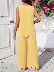 SHEIN Maternity Vacation Curved Hem Round Neck Tank Top And Adjustable Waist Pants Casual 2 Pieces Set - Yellow - View 2