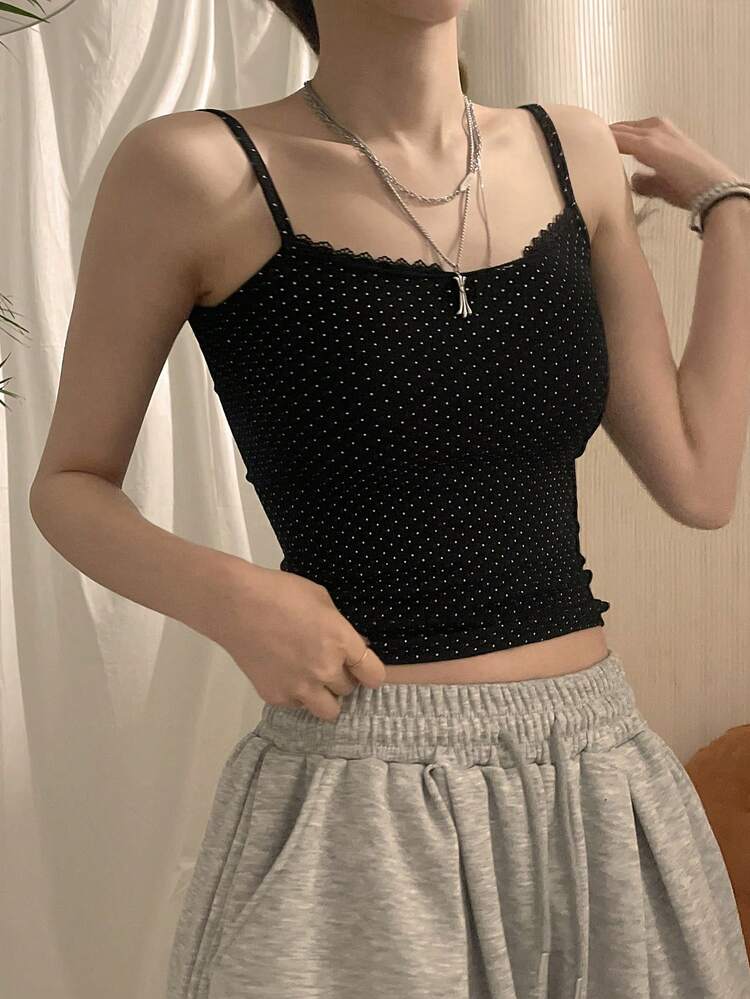 Women's Summer Fashion Versatile Polka Dot & Contrast Lace Bodycon Camisole