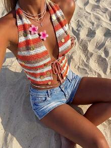 SHEIN Allurite Women's Lightweight Cardigan With Tie-Front Butterfly Design, Backless, Suitable For Beach Wear, Spring/Summer - Multicolor - View 6