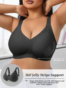 1 pieza Sujetador inalámbrico de talla grande para mujer, de unicolor, minimalista y cómodo, con copa de gel de soporte no extraíble - Negro - Ver 1