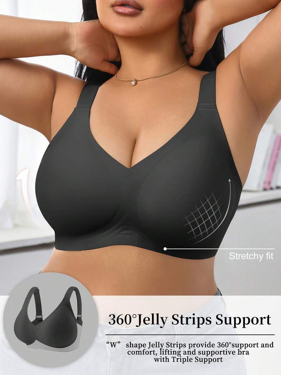 1 pieza Sujetador inalámbrico de talla grande para mujer, de unicolor, minimalista y cómodo, con copa de gel de soporte no extraíble - Negro - Ver 1