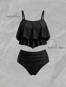 Elavelle Summer Beach Hanky Hem Ruched High Waisted Bikini - Black - View 2