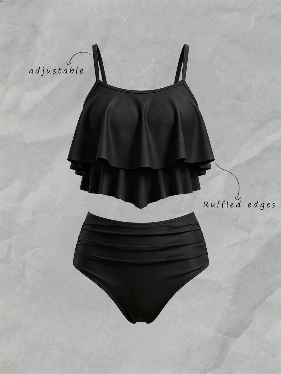Elavelle Summer Beach Hanky Hem Ruched High Waisted Bikini