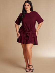SHEIN BAE Vestido corto de manga corta con cintura anudada en color albaricoque para mujer de talla grande - Burdeos - Ver 3