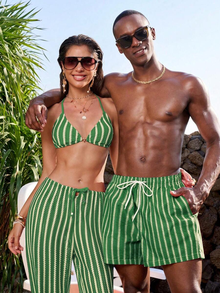 Manfinity VDAYZ 1pc Men's Contrast Stripe Pattern Drawstring Waist Beach Shorts, Summer Holiday Style - Green - View 1