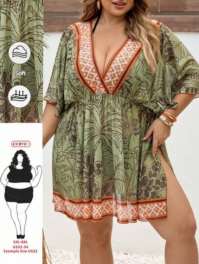 SHEIN CURVE+ 大码女式棕榈树印花蝙蝠袖迷你连衣裙，度假风夏季连衣裙，沙滩裙，泳衣罩衫，波西米亚风假日装扮