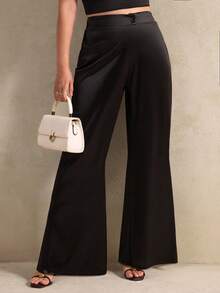 Elegantrix Women's Solid Satin High-Waisted Straight-Leg Pants, Suitable For Daily Wear, Office Commute, Home, Dates, Small Parties, And Light Social Occasions Black Spring - Black - View 3