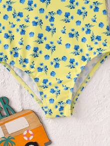 Emery Rose Kids Emery Rose Kids 少女夏季度假沙滩印花荷叶边连体泳衣 - 黃色 - 查看 4