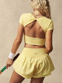 VARSIVA Workout Women Tops Casual Solid Color Cropped Sports T-Shirt, Summer Bustier Crop Sports Tee - Light Yellow - View 3