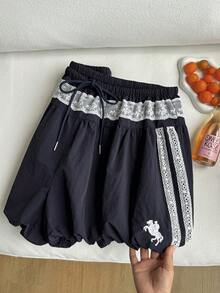 Comfortcana Plus Size Lace Patchwork Drawstring Casual Cute Horse Logo Bubble Shorts, Summer Day Navy Blue - Navy Blue - View 5