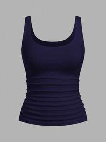 SHEIN CURVE+ Set de 2 piezas de top ajustado con cuello redondo y cintura fruncida para mujer talla grande, versátil para uso diario - Multicolor - Ver 3