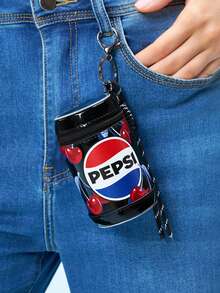 PEPSI X SHEIN 1個PU皮革罐狀零錢包，可存放日常小物品、硬幣、口紅等，可掛在包包上，適合通勤、學習、旅行，適合所有年齡層，學生和朋友皆可用，櫻桃、蘇打 - 黑色 - 查看 3