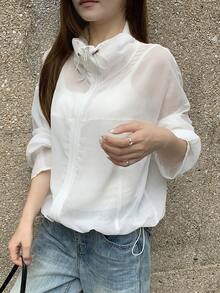 DAZY 女士休闲连帽宽松轻薄长袖外套，甜美文艺风，适合春、夏、秋季、海滩、度假、街头时尚 - 白色 - 查看 4