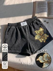 SHEIN EZwear 女士休闲简约逼真亮片刺绣花卉图案中腰宽松短裤，62% 棉，适合日常通勤、约会、聚会、秋冬夏、圣诞节、新年、感恩节、派对、婚礼、海滩、毕业典礼、时尚、优雅、休闲、外出、约会、预订、通勤、闪亮、情人节、优雅、度假、休闲、Y2K、外出、毕业典礼等场合。 - 黑色 - 查看 5