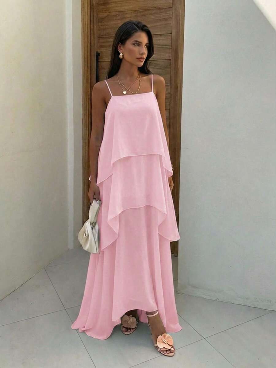 Aloruh Vestido de vacaciones elegante de unicolor con tirantes finos de color azul - Rosa Pálido - Ver 1