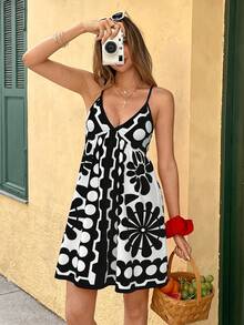 Breezaya Fashionable Vacation Style Spaghetti Strap V-Neck Polka Dot Print Cinched Waist Dress - Black and White - View 4